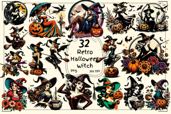 32 Retro Halloween Witch Clipart: Vintage Charm for Modern Designs
