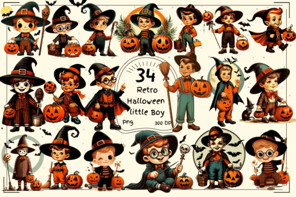 34 Retro Halloween Little Boy Clipart: Vintage Charm