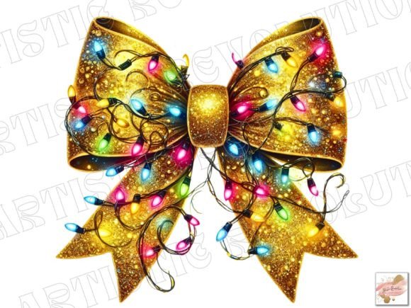 Gold Christmas Light Coquette Bow PNG: Festive Design Asset